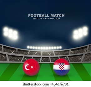 Turkey and Croatia soccer ball in flag design on stadium background for football tournament , this image for match template or banner in vector illustration