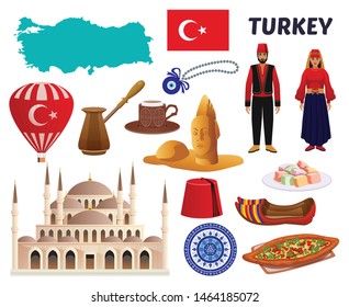 Turkey culture cuisine coffee clothing landmarks tourists attractions places of interest symbols flag map set vector illustration