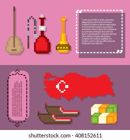 Turkey culture symbol banner set. Pixel art. Old school computer graphic style.