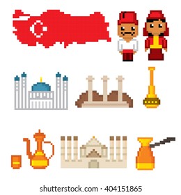 Turkey culture symbol set. Pixel art. Old school computer graphic style.