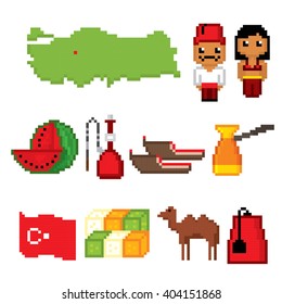 Turkey culture symbol set. Pixel art. Old school computer graphic style.