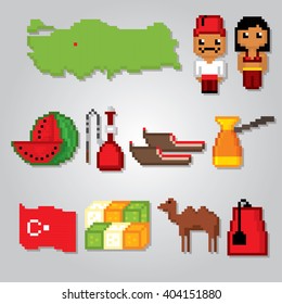 Turkey culture symbol set. Pixel art. Old school computer graphic style.