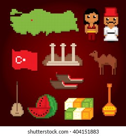 Turkey culture symbol set. Pixel art. Old school computer graphic style.