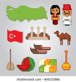 Turkey culture symbol set. Pixel art. Old school computer graphic style.