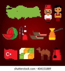 Turkey culture symbol set. Pixel art. Old school computer graphic style.