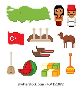 Turkey culture symbol set. Pixel art. Old school computer graphic style.