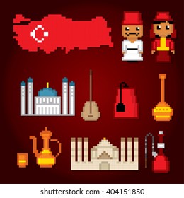 Turkey culture symbol set. Republic of Turkey. Turkey travel icons. Pixel icons set. Turkey tourism icons. Pixel art. Old school computer graphic style.