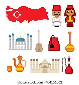 Turkey culture symbol set. Republic of Turkey. Turkey travel icons. Pixel icons set. Turkey tourism icons. Pixel art. Old school computer graphic style.