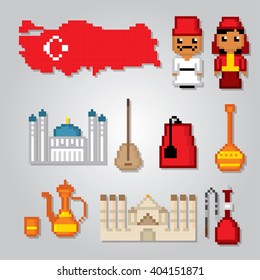 Turkey culture symbol set. Republic of Turkey. Turkey travel icons. Pixel icons set. Turkey tourism icons. Pixel art. Old school computer graphic style.