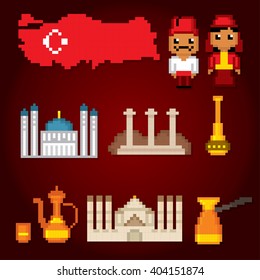 Turkey culture symbol set. Republic of Turkey. Turkey travel icons. Pixel icons set. Turkey tourism icons. Pixel art. Old school computer graphic style.