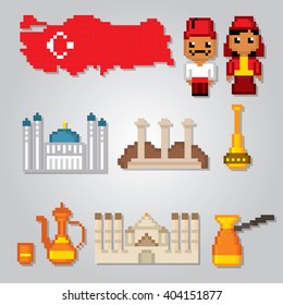 Turkey culture symbol set. Republic of Turkey. Turkey travel icons. Pixel icons set. Turkey tourism icons. Pixel art. Old school computer graphic style.