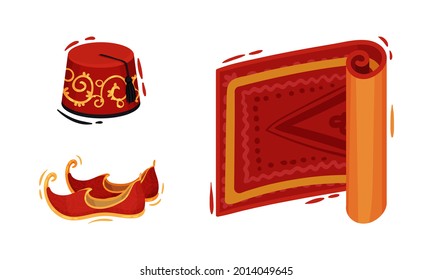 Turkey Culture Traditional Symbols with Fez Hat, Carpet and Shoes Vector Set