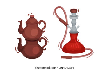Turkey Culture Traditional Symbols with Hookah and Teapot Vector Set