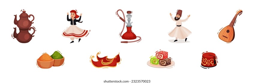 Turkey Culture Traditional Symbols with Man and Woman in National Costume, Hookah, Oud, Spice, Shoes, Teapot and Fez Hat Vector Set