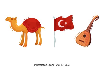 Turkey Culture Traditional Symbols with National Flag on Pole and Camel Vector Set