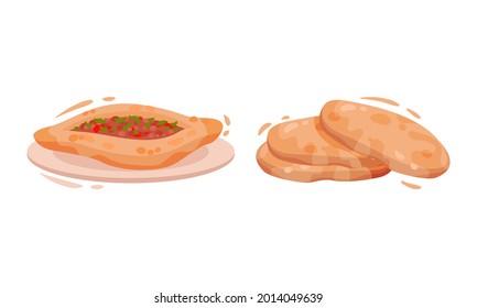 Turkey Culture Traditional Symbols with Pide Stuffed with Forcemeat and Flatbread Vector Set