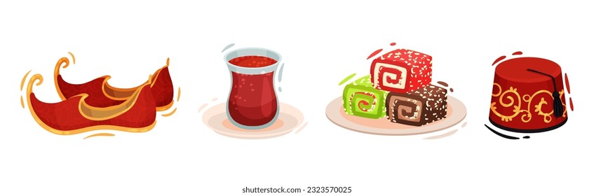 Turkey Culture Traditional Symbols with Shoes, Tea, Fez Hat and Lokum Vector Set