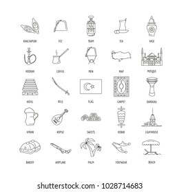 Turkey culture and traditions outline icons set. Turkey objects vector illustration isolated on white background. Element of Turkey architecture and religion.
