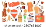 Turkey culture. Turkish traditional attractions. Travel icons. Country map. Harem concubine. National food. Turk coffee. Carpet and hat. Ice cream cart. Istanbul monument. Vector tourism elements set