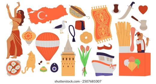 Turkey culture. Turkish traditional attractions. Travel icons. Country map. Harem concubine. National food. Turk coffee. Carpet and hat. Ice cream cart. Istanbul monument. Vector tourism elements set