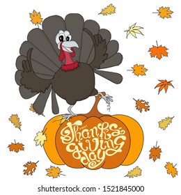 Turkey dancing on orange pumpkin, lettering Happy Thanksgiving day falling leaves cartoons art design stock vector illustration