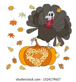 Turkey dancing on orange pumpkin, lettering Grateful Thankful Blessed falling leaves cartoons art design stock vector illustration