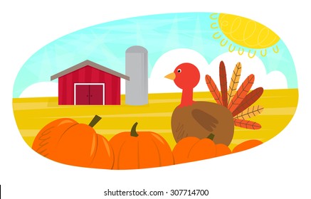 Turkey Day - Cute clip art of turkey and pumpkins in front of a farm. Eps10