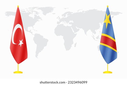 Die Flaggen der Türkei und der Demokratischen Republik Kongo für offizielle Treffen vor dem Hintergrund der Weltkarte.