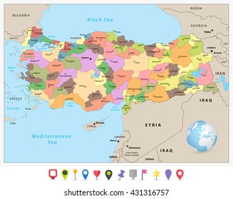 Turkey detailed administrative map and flat icon set with separated layers.