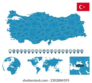 Turkey - detailed blue country map with cities, regions, location on world map and globe. Infographic icons. Vector illustration