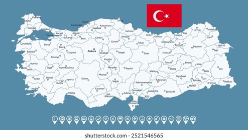 Turquia - detalhado mapa azul do país com cidades e regiões. Ícones infográficos. Ilustração vetorial