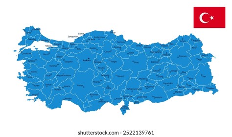 Turquía - mapa azul detallado del país con las ciudades y regiones. Ilustración vectorial.