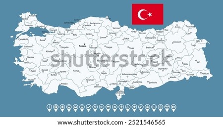 Turkey - detailed blue country map with cities and regions. Infographic icons. Vector illustration
