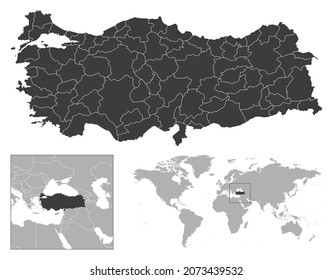 Turkey - detailed country outline and location on world map. Vector illustration