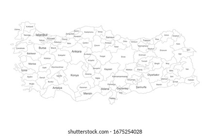 Türkei detaillierte Karte mit Namen-Etiketten. Ideal für Hintergründe, Hintergrund, Banner, Aufkleber, Label, Poster und Wallpaper.