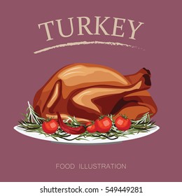 Turkey dinner poster isolated on pink background. Vector food illustration.