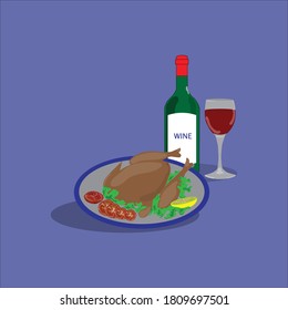 Turkey dinner with and red wine on purple background in vector format.
