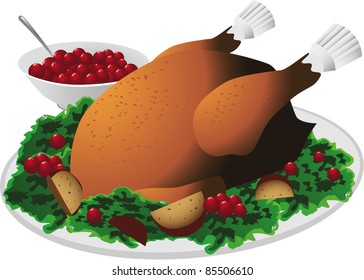 Turkey Dinner A roasted turkey with trimmings and a bowl of cranberry sauce. EPS 8 vector.