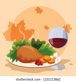 turkey dinner of thanksgiving day with cup wine