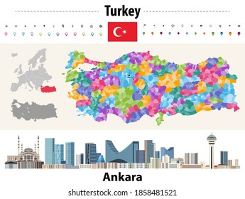 Turkey distrcts colored by provinces map. Ankara cityscape. Vector illustration