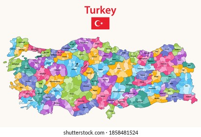 Turkey distrcts colored by provinces high detailed vector map
