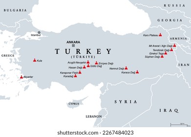 Turkey, dormant and extinct volcanoes in Anatolia, political map. The shield volcano Tendurek in eastern Turkey erupted in the year 1855. It was the latest eruption that occurred in Turkey. Vector.