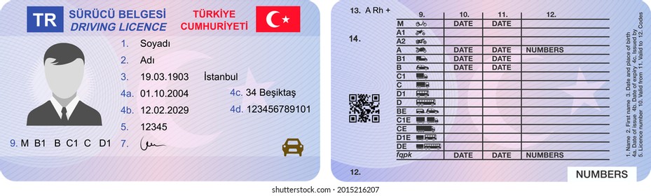 Turkey Driver's License, Front and back vehicle license ID. Flat vector illustration.