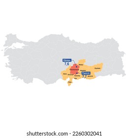 Turkey earthquake (6 February 2023). Kahramanmaraş-centered Elbistan (7.6) and Pazarcık (7.7) earthquakes. Display of the cities affected by the earthquake on the map.