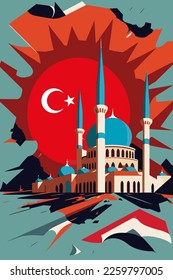 Turkey earthquake. Earthquake in turkey Flag Map Turkey vector flat color illustration poster