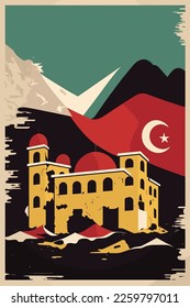 Turkey earthquake. Earthquake in turkey Flag Map Turkey vector flat color illustration poster