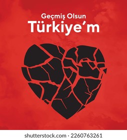 Turkey earthquake. Pray for Turkey earthquake. Turkish: Geçmiş olsun Türkiye. Map of Turkey in color of national flag with cracks. Pray for Turkey Vector illustration