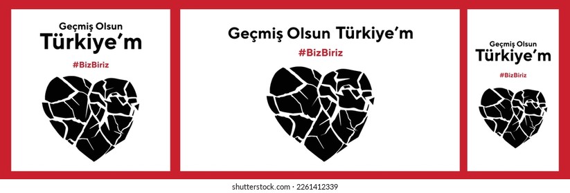 Turkey earthquake. Pray for Turkey earthquake. Turkish: Geçmiş olsun Türkiye. Map of Turkey in color of national flag with cracks. Pray for Turkey Vector illustration set.