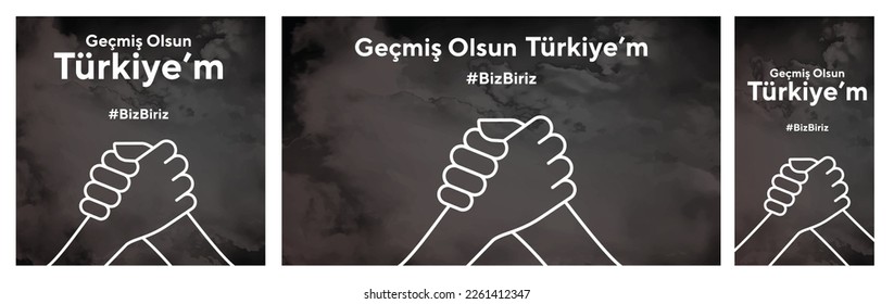 Turkey earthquake. Pray for Turkey earthquake. Turkish: Geçmiş olsun Türkiye. Map of Turkey in color of national flag with cracks. Pray for Turkey Vector illustration set.