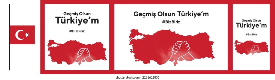 Turkey earthquake. Pray for Turkey earthquake. Turkish: Geçmiş olsun Türkiye. Map of Turkey in color of national flag with cracks. Pray for Turkey Vector illustration set.